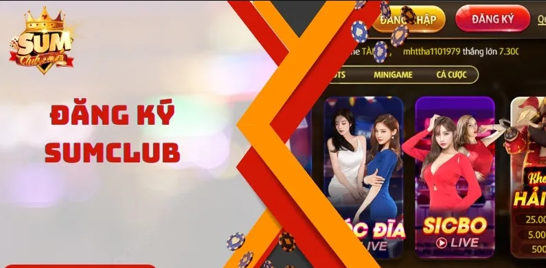 Người chơi bấm  mục "Đăng ký" nằm ở góc trên cùng bên phải màn hình website Sum Club